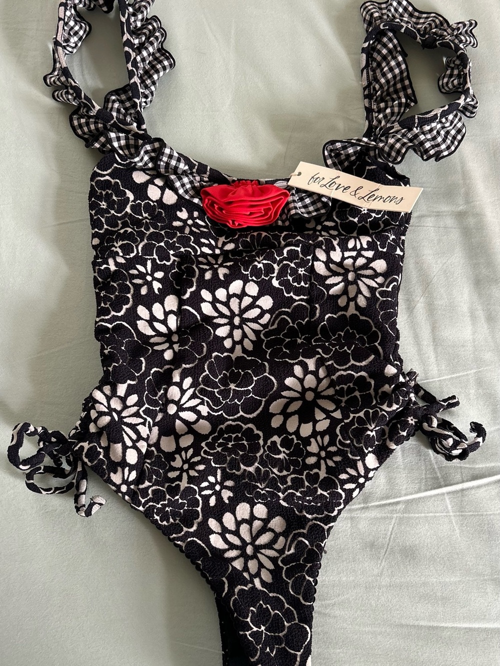 For Love And Lemons Black & White Floral One-Piece with Red Rosette